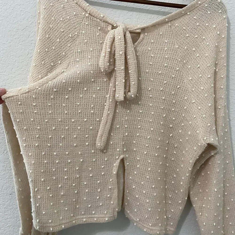 Blu Pepper Swiss Dot Sweater Back Tie Slit Oversized Boho Tan Size S - Picture 3 of 9